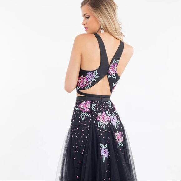 Rachel Allan 7511 floral black tulle high neckline two piece prom dress NEW 0 - Picture 8 of 12